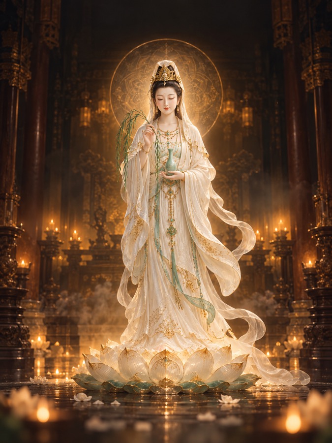Illustrative generated artwork of Guanyin in a candlelit temple